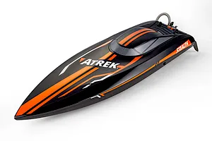 Atrek Stealth 25 inch deep V brushless RC speed boat in black with orange and white graphics on a white background.