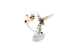 Teching DM350 Mechanical Hummingbird metal model kit assembled and mounted on a stand with a flower.