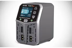Studio shot of the SkyRC T120 Pico dual port smart charger showing its front control panel, screen, and dual charging ports.