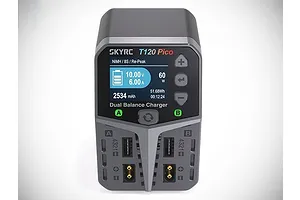 SkyRC T120 Pico dual port smart charger showing active LCD screen displaying NiMH battery charging data and port inputs against a white background.