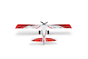 Rear-above studio shot of the E-Flite Turbo Timber Evolution RC plane, showing its white, red, and black trim scheme, high wing, and landing gear against a white background.