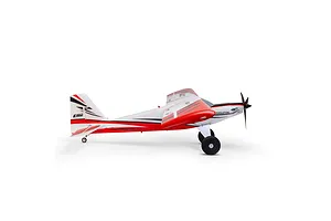 Side profile studio shot of the E-Flite Turbo Timber Evolution 1.5m RC plane in red, white, and black trim.