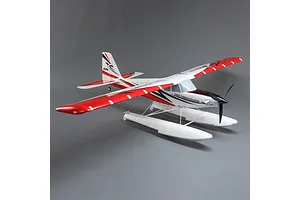 Studio shot of E-Flite Turbo Timber Evolution 1.5m RC plane equipped with floats against a grey background.