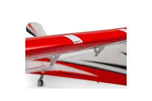 Close-up of the red and white wing attachment and strut details on the E-Flite Turbo Timber Evolution RC plane.