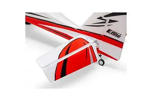 Close-up view of the tail section, horizontal stabilizer, and elevator of the E-Flite Turbo Timber Evolution RC plane.