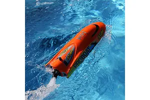 Pro Boat Jet Jam V2 electric RC speed boat in orange operating in clear blue water, creating a wake.