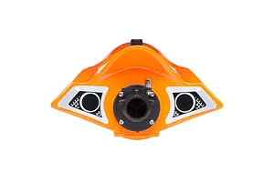 Rear view of the orange Pro Boat Jet Jam V2 electric RC speed boat, showing the jet pump nozzle and trim decals.
