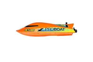 Studio side view of the orange Pro Boat Jet Jam V2 12-inch electric RC speed boat with branding graphics.