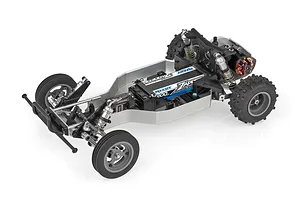 Top-down studio shot of the Team Associated RC10 Ultra Rider electric 2WD buggy chassis on a white background.