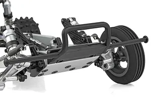 Close-up of the front bumper, chassis plate, and suspension components of the Team Associated RC10 Ultra Rider buggy.