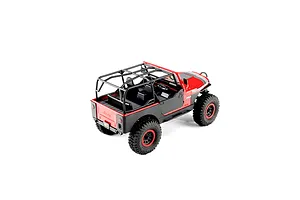 High-angle rear view of the red and black Axial SCX30 Jeep CJ-7 Renegade RC rock crawler against a white background.