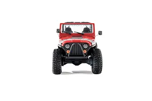 Front view of the Axial SCX30 Jeep CJ-7 Renegade RC rock crawler in red against a white background.