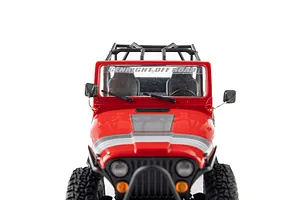 Front-facing view of the Axial SCX30 Jeep CJ-7 Renegade RC rock crawler in red against a white background.