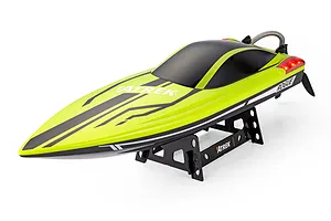 Atrek Rogue 22-inch green and black RC speed boat on a black plastic boat stand against a white background.