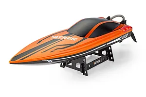 Atrek Rogue orange RC speed boat resting on a black plastic boat stand against a white background.