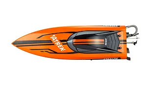 Top-down studio view of the Atrek Stealth 25-inch brushless RC speed boat in orange and black against a white background.