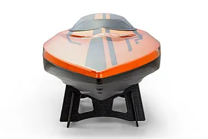 Front-on view of the Atrek Stealth orange and black RC speed boat resting on a black plastic boat stand.