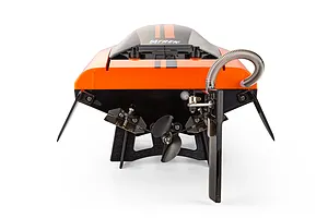 Rear view of the Atrek Stealth 25" brushless RC speed boat in orange, showing the propeller, rudder, and trim tabs.