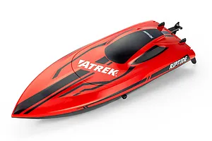 High-angle studio shot of the red and black Atrek Riptide RC speed boat showing its deck and transom hardware.