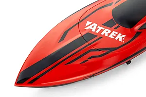 Close-up of the red bow and deck of an Atrek Riptide 16" RC speed boat featuring black graphics and ATREK branding.