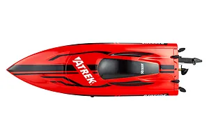 Top-down studio shot of the red Atrek Riptide RC speed boat, showing its hull, black stripes, and rear rudder hardware.