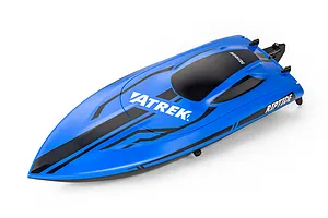 Top-down studio shot of the blue Atrek Riptide 16 inch RC speed boat hull showing the deck graphics and stern rudder setup.