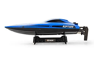 Side profile view of the Atrek Riptide blue RC speed boat resting on a black display stand against a white background.
