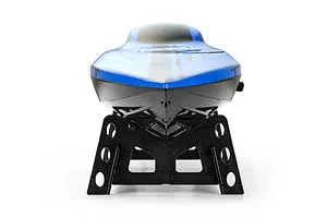 Front view of the Atrek Riptide 16 inch RC speed boat in blue, resting on a black plastic boat stand.