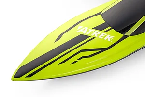 Close-up of the bow of the green and black Atrek Rogue 22" RC speed boat showing the hull graphics and branding.