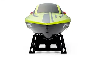 Front view of the Atrek Rogue 22 inch brushless RC speed boat in green and black on a black boat stand against a white background.