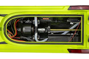 Top down view of the interior hull of the Atrek Rogue 22 inch brushless RC speed boat showing the motor, electronics, and drive shaft.