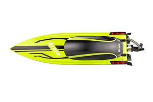 Top-down studio shot of the Atrek Rogue 22 inch brushless RC speed boat in green and black on a white background.