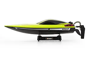 Side view of Atrek Rogue 22 inch green and black RC speed boat on a black stand against a white background.