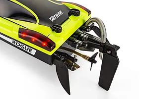 Close-up rear view of the Atrek Rogue green RC speed boat, showing the rudder, propeller, and hardware setup on white background.