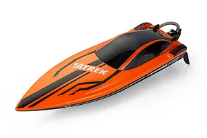 Atrek Rogue orange and black deep V RC speed boat shown from a high-angle studio shot against a white background.