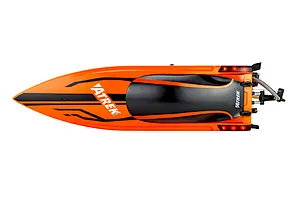 Top-down studio view of the Atrek Rogue 22" RC speed boat in orange and black against a white background.