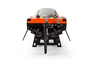 Rear transom view of the Atrek Rogue 22 inch orange RC speed boat showing the rudder, propeller, trim tabs, and water cooling lines while resting on a black stand.