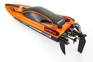 Atrek Rogue orange and black RC speed boat viewed from the rear quarter on a white background.