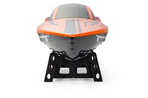 Front view of the Atrek Rogue 22 inch orange and black RC speed boat resting on a black plastic boat stand.