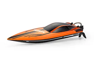 Atrek Rogue 22 inch brushless RC speed boat in orange and black, shown against a white background.