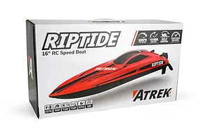 Retail packaging box for the Atrek Riptide 16 inch RC Speed Boat featuring a red boat image and feature icons.