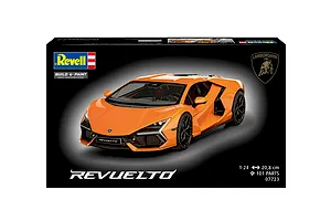 Revell 1/24 Lamborghini Revuelto model kit box showing an assembled orange model car against a dark background.