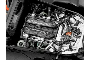 Detailed top-down view of the scale model engine bay for the Revell 1/24 Lamborghini Revuelto model car.