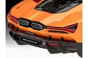 Detailed close-up view of the rear of the Revell 1/24 scale Lamborghini Revuelto model car, highlighting the exhaust and diffuser.