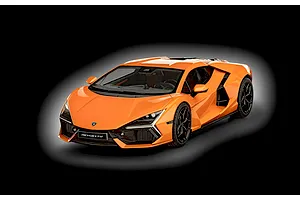 Completed Revell 1/24 scale model of an orange Lamborghini Revuelto supercar viewed from the front quarter against a dark gradient background.