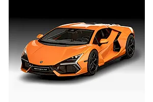 Completed orange Revell 1/24 scale Lamborghini Revuelto model car displayed on a gradient grey background.