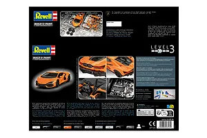 Back of packaging for the Revell 1/24 scale Lamborghini Revuelto model kit, showing parts, assembled car views, and information.