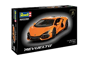 Revell 1/24 Lamborghini Revuelto model kit box showing an assembled orange model car on a black background.