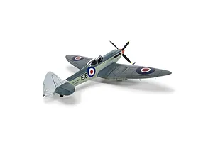 Completed Airfix 1/48 Supermarine Seafire F.XVII plastic model kit painted in Royal Navy grey and green camouflage with roundels.