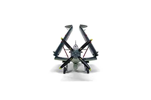 Front view of an assembled Airfix 1/48 Supermarine Seafire model with its wings folded upward for carrier storage.